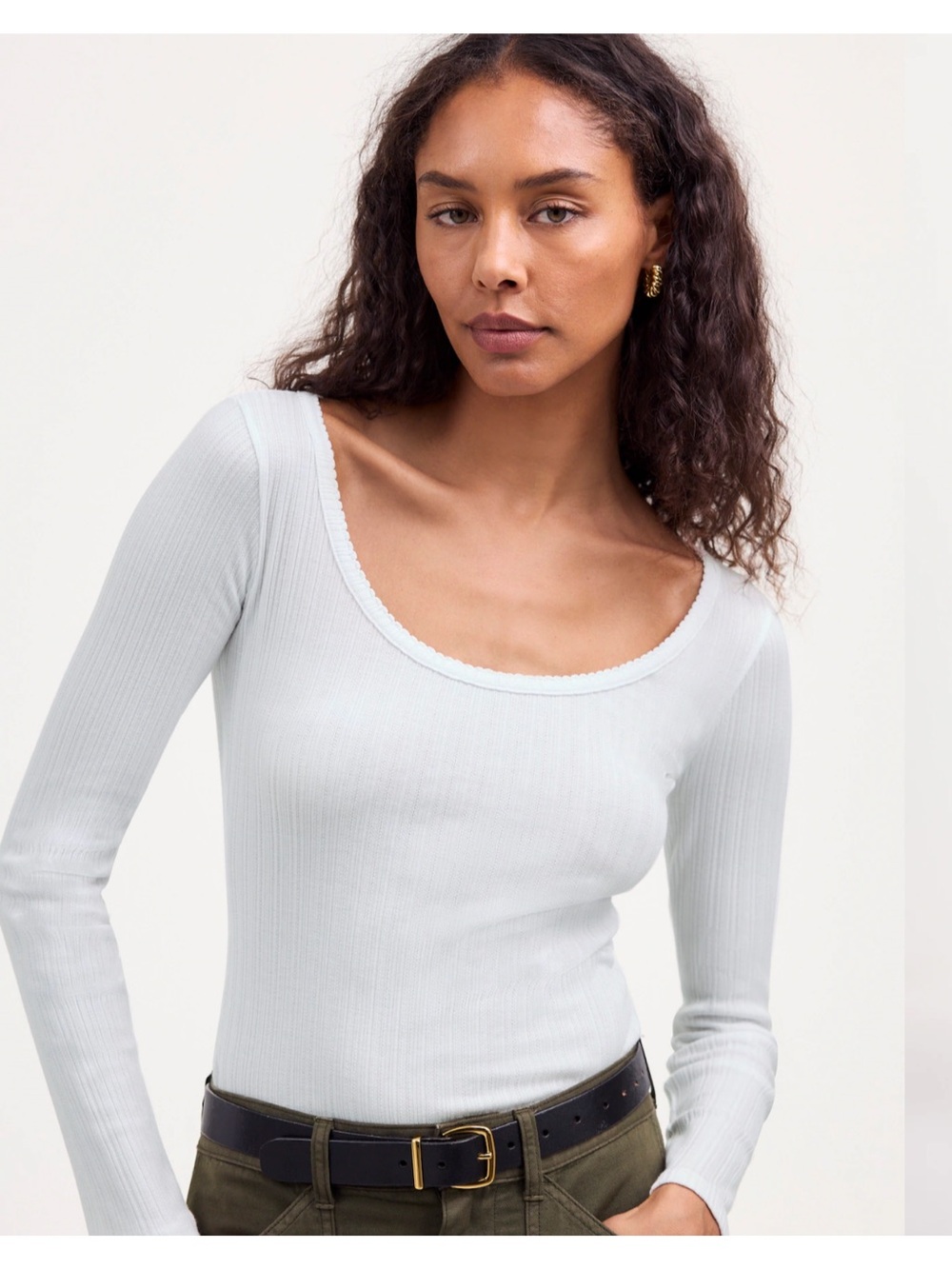 Madewell White Ribbed Scoop-Neck Long Sleeve Top